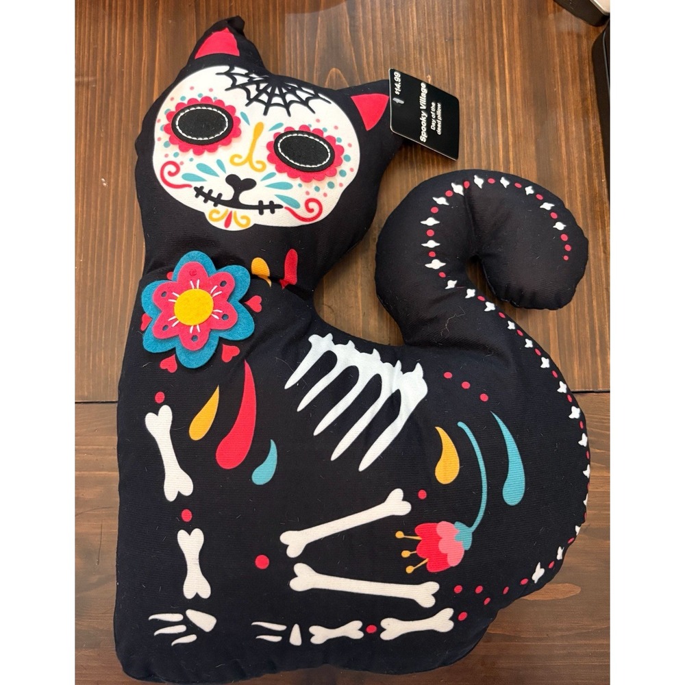 Day of the Dead Cat Plush Pillow Spooky Village 16.5" Black Dia de los Muertos